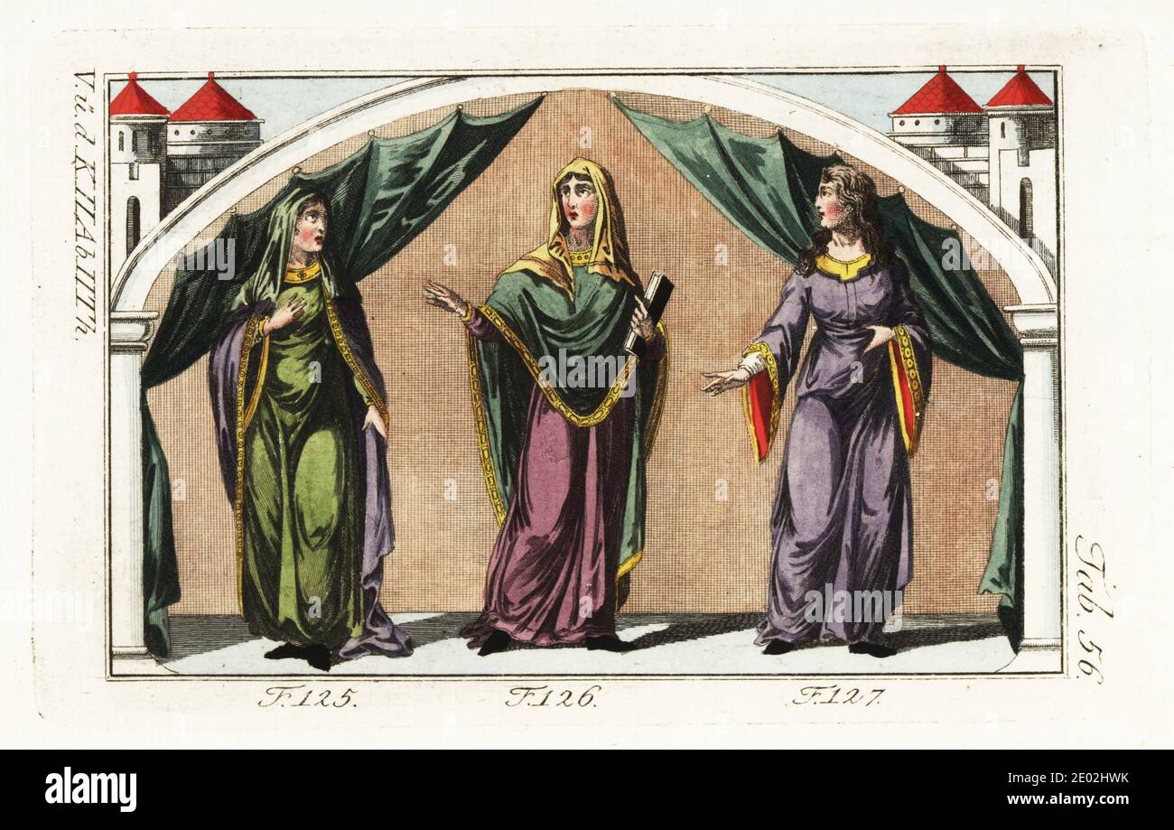 Normannische edle Frauen, 12. Jahrhundert. Norman Adlige trägt Mantel und Schleier 125, 126, und Norman Frau in Robe mit ihrem Kopf aufgedeckt 127. Sie stehen vor einem gewölbtem Bogen in einer ummauerten Stadt. Handkolorierter Kupferstich aus Robert von Spalarts historischem Bild der Kostüme der Hauptleute der Antike und des Mittelalters, Wien, 1802. Stockfoto