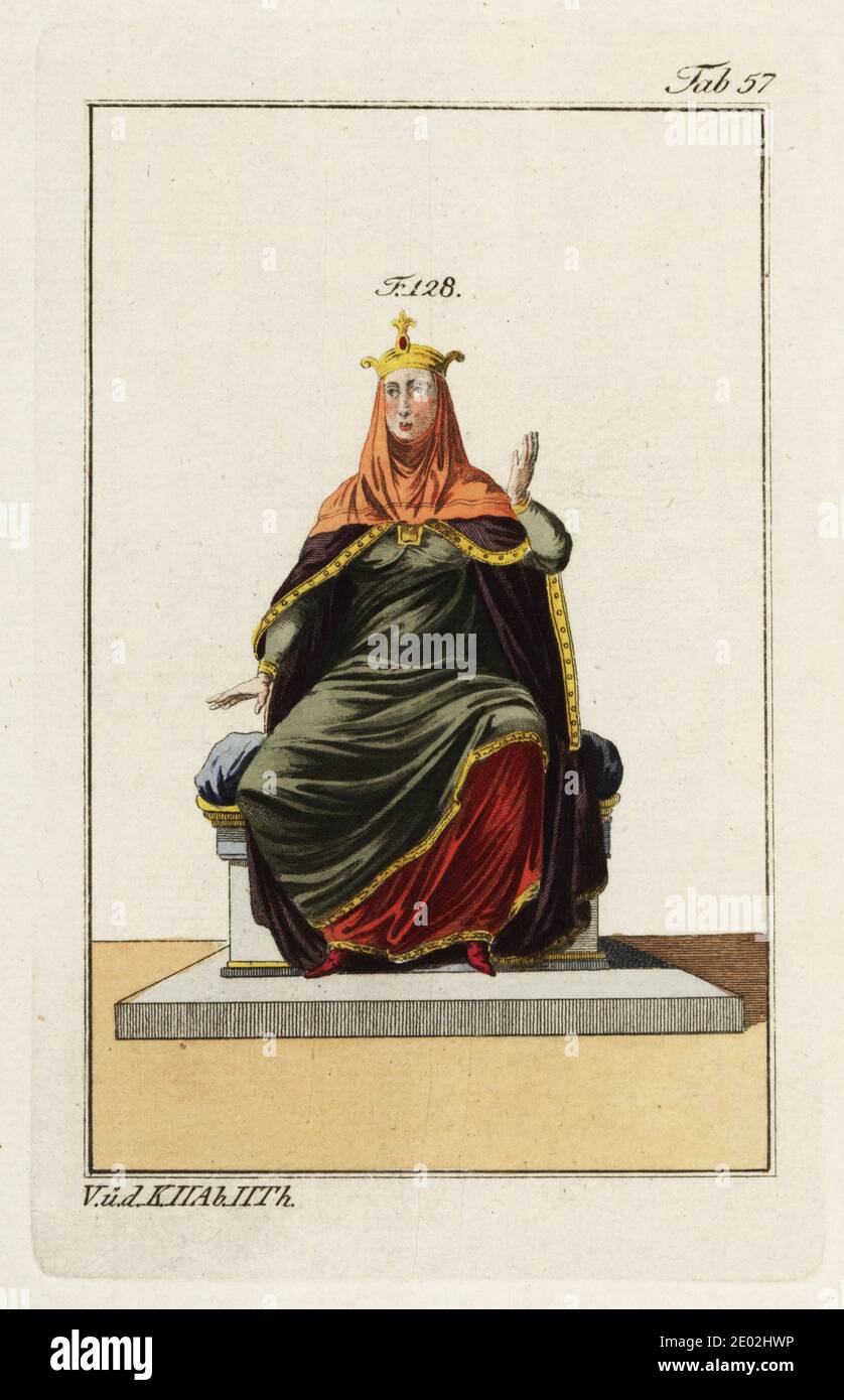 Eine normannische Königin trägt Mantel befestigt mit großen Brosche, Schleier und Wange, und Goldkrone auf einem Thron sitzen 128. Die Roben sind mit Goldstickerei umrandet. Handkolorierter Kupferstich aus Robert von Spalarts historischem Bild der Kostüme der Hauptleute der Antike und des Mittelalters, Wien, 1802. Stockfoto