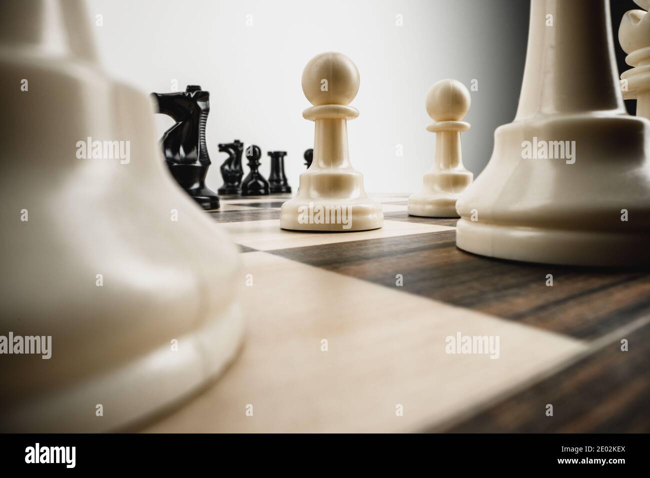 Macro photo of chess pieces on a chess board Stockfoto