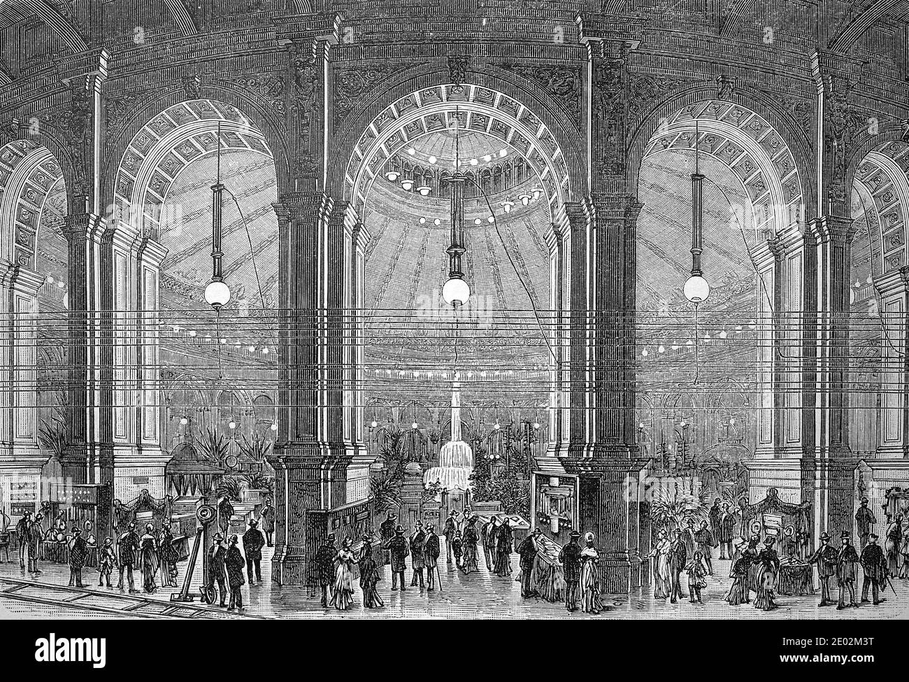 The International Electrical Exhibition at the Rotunda in Vienna, Austria, in 1883 / die internationale elektrische Ausstellung in der Rotunde zu Wien, Österreich, im Jahr 1883, Historisch, historisch, digital verbesserte Reproduktion eines Originals aus dem 19. Jahrhundert / digitale Reproduktion einer Originalvorlage aus dem 19ten Jahrhundert. Jahrhundert Stockfoto