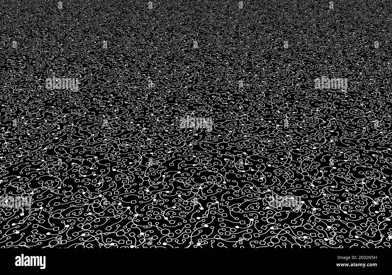Kreise und Punkte durch Linien weiß über schwarz abstrakte Verbindung System Textur Hintergrund verbunden, horizontale Illustration Stockfoto