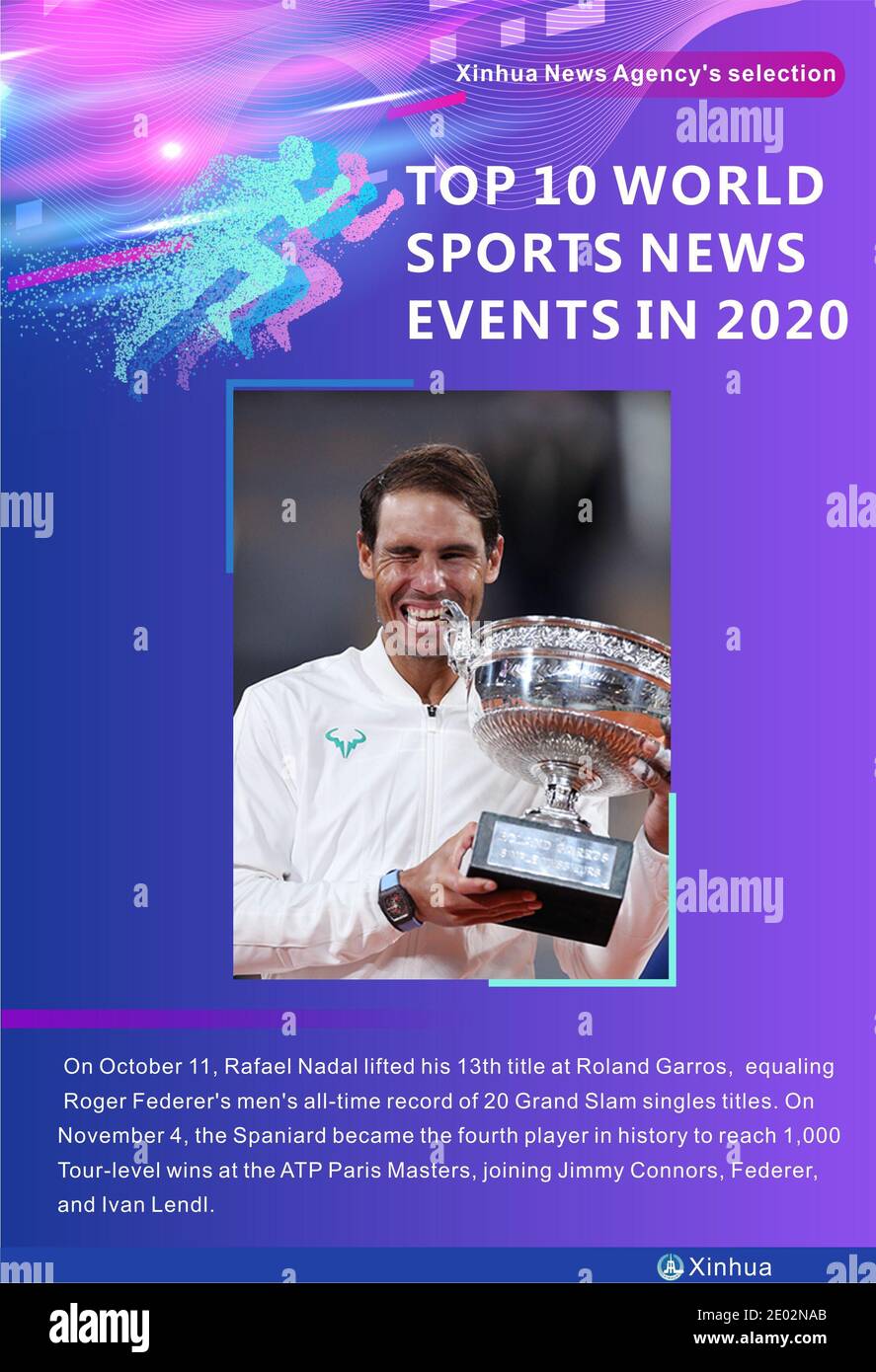 Peking, China. Dezember 2020. Am 11. Oktober hob Rafael Nadal seinen 13. Titel bei Roland Garros an, was Roger Federers Allzeitrekord von 20 Grand Slam-Einzeltiteln bei den Männern entspricht. Am 4. November wurde der Spanier der vierte Spieler in der Geschichte, der 1,000 Tour-Level-Siege bei den ATP Paris Masters erreichte, zusammen mit Jimmy Connors, Federer und Ivan Lendl. Quelle: Xu Xiaoxuan/Xinhua/Alamy Live News Stockfoto