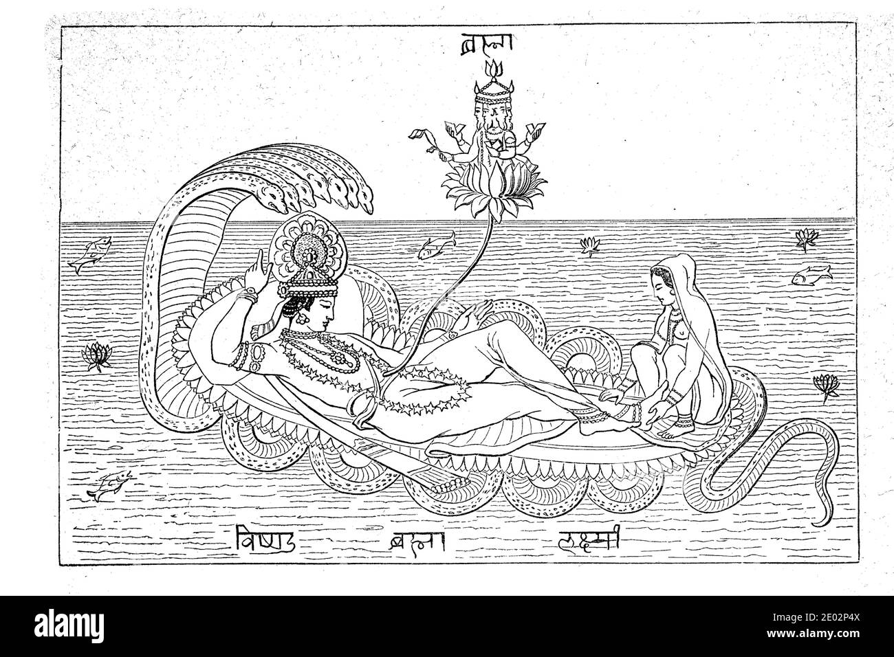 Indische Religion, Vishnu und Lakshmi auf der Schlange Anata, mit Brahma aus der Lotusblume / Indische Religion, Wischnu und Lakschmi auf der Schlange Anata, mit dem aus der Lotusblume hervorstehendem Brahma, Historisch, historisch, Digitale verbesserte Reproduktion eines Originals aus dem 19. Jahrhundert / digitale Reproduktion einer Originalvorlage aus dem 19. Jahrhundert Stockfoto