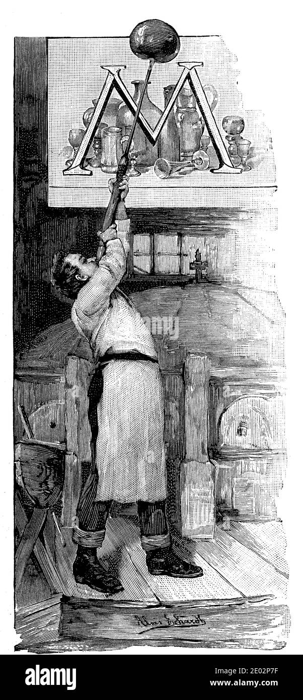 Glasbläser in der Glasfabrik Schliersee in Bayern, Deutschland, 1880 / Glasbläser in der Glashütte Schliersee in Bayern, Deutschland, im Jahr 1880, Historisch, historisch, digital verbesserte Reproduktion eines Originals aus dem 19. Jahrhundert / digitale Reproduktion einer Originalvorlage aus dem 19ten Jahrhundert. Jahrhundert Stockfoto