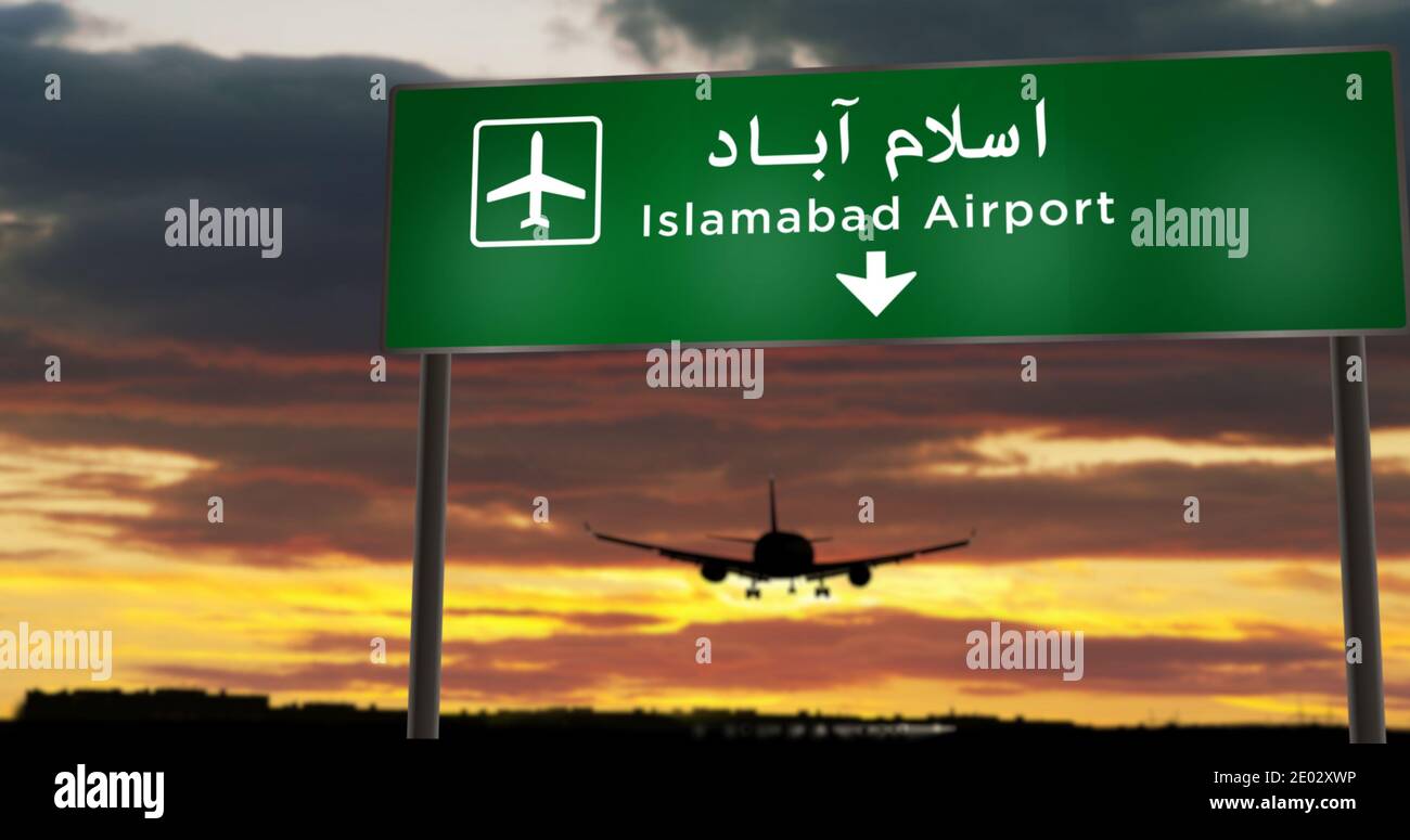 Flugzeug Silhouette Landung in Islamabad, Pakistan. City Ankunft mit Flughafen Richtung Schild und Sonnenuntergang im Hintergrund. Reise und Transport Co Stockfoto