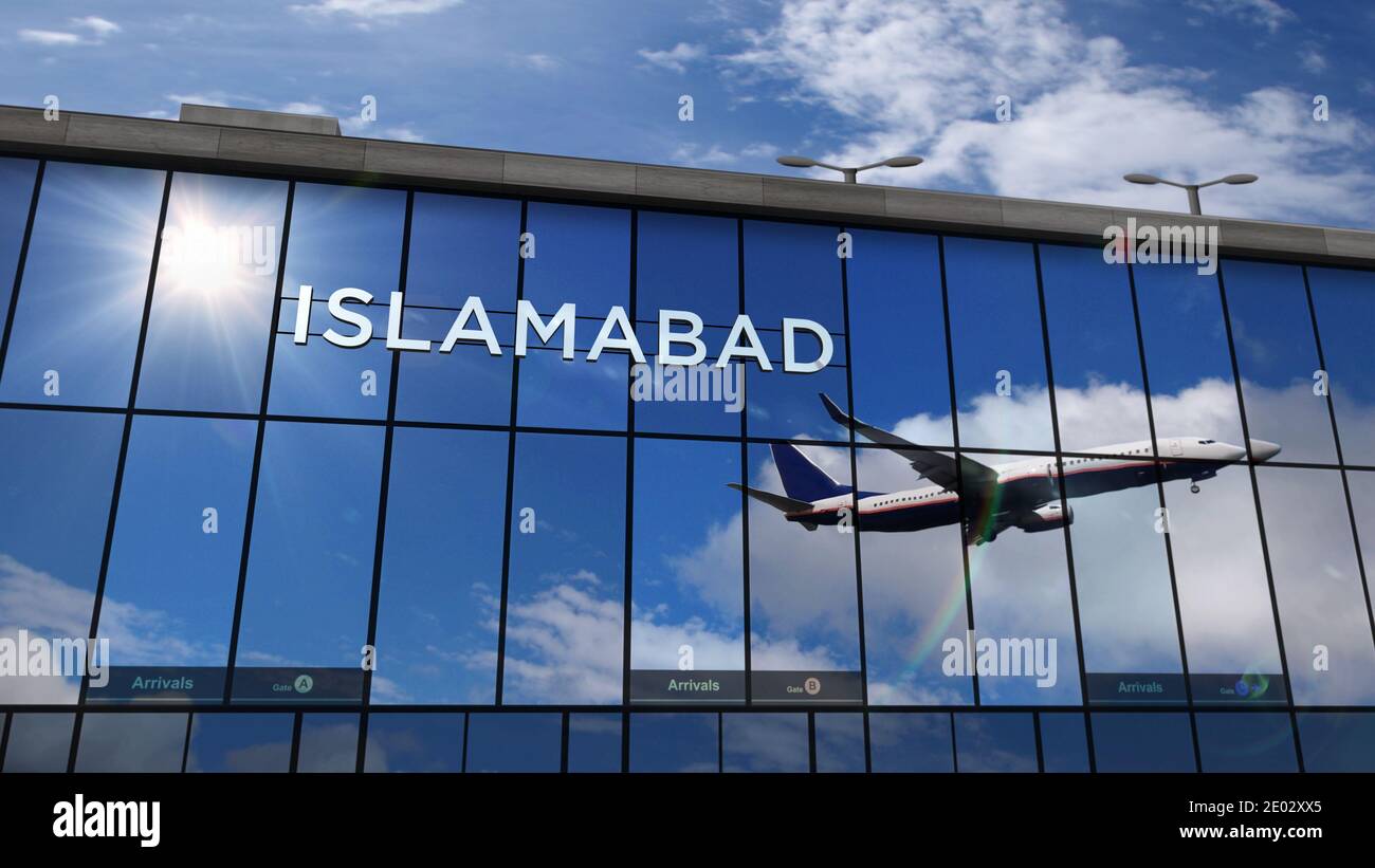 Jet-Flugzeuge landen in Islamabad, Pakistan 3D-Darstellung. Ankunft in der Stadt mit dem Glas Flughafen Terminal und Reflexion des Flugzeugs Stockfoto