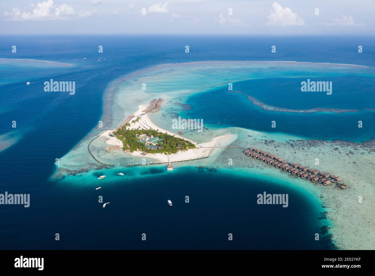 Ferienhäuser Insel Moofushi, Ari Atoll, Malediven, Indischer Ozean Stockfoto