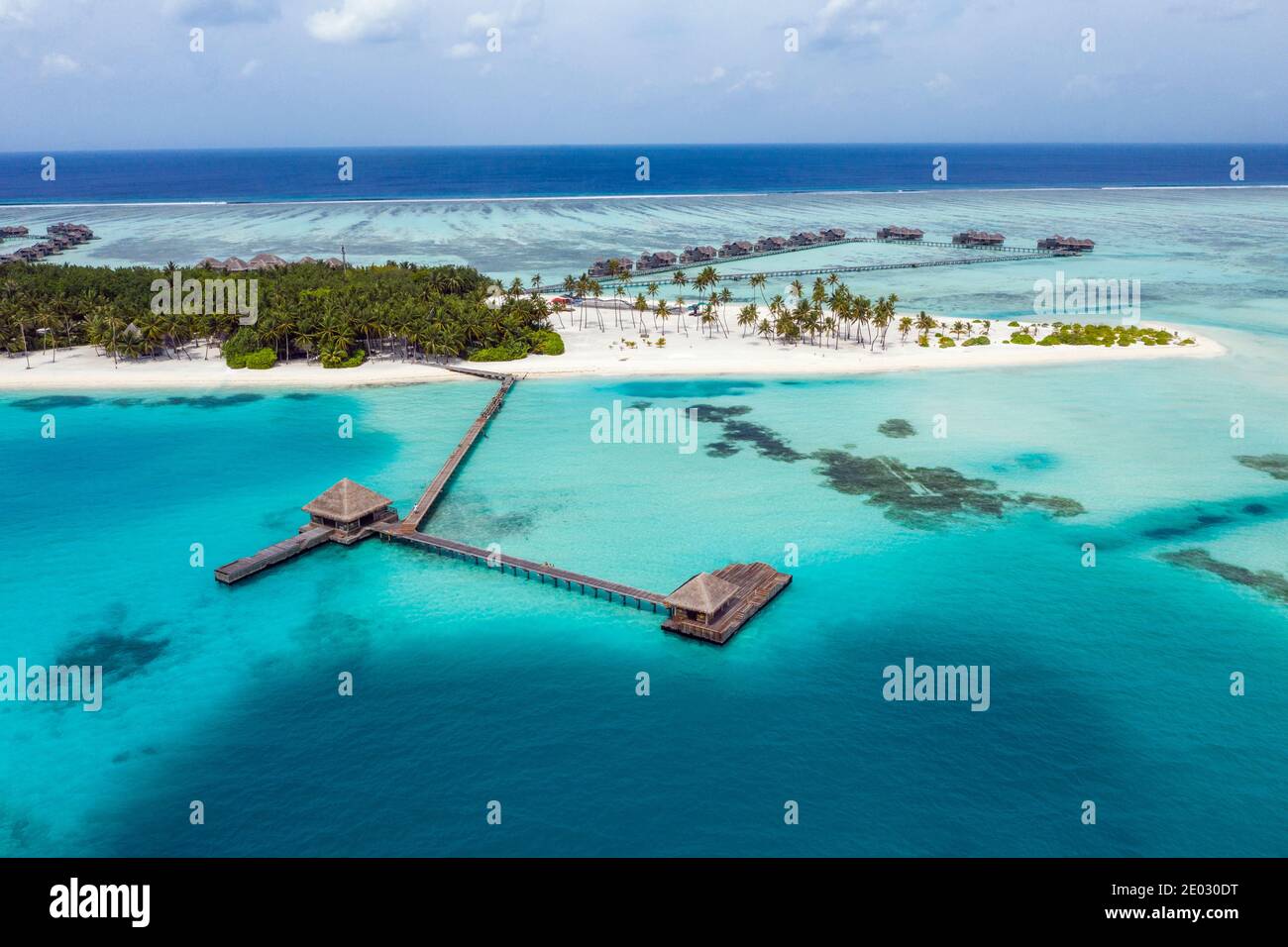 Luftaufnahme von Ferienhäuser Insel Lankanfushi, North Male Atoll, Malediven, Indischer Ozean Stockfoto