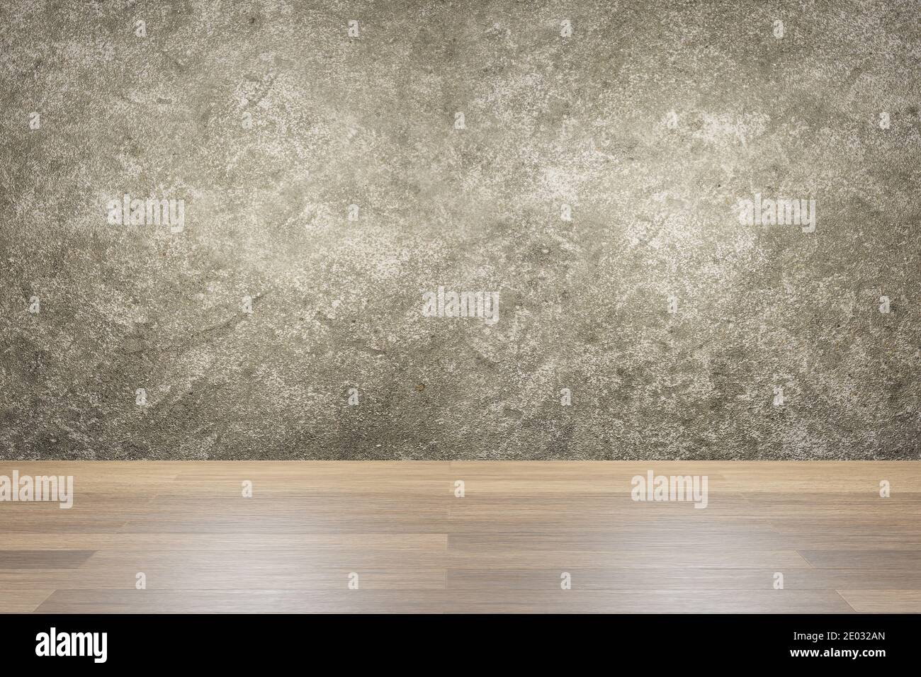 Dunkle Betonwand und Holzboden. Leere Inneneinrichtung. Alte grungy Textur Hintergrund Stockfoto