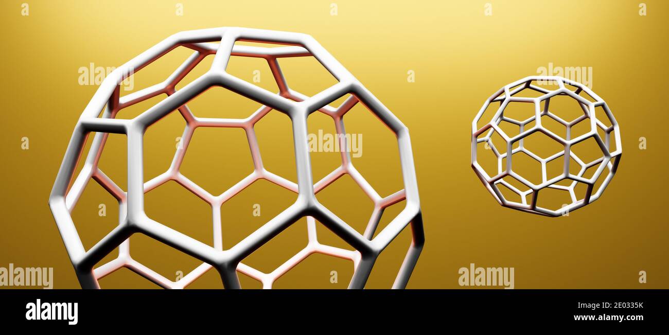 Modell von Buckminsterfullerene C60 Molekül, Alotrope von fullerenen Kohlenstoffatomen, runde Kugel mit sechseckigen Ringen oder Netz, molekulare 3D-Illustration Stockfoto