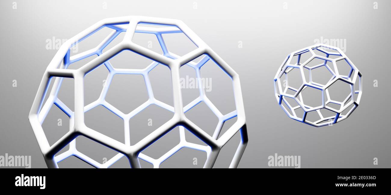 Modell von Buckminsterfullerene C60 Molekül, Alotrope von fullerenen Kohlenstoffatomen, runde Kugel mit sechseckigen Ringen oder Netz, molekulare 3D-Illustration Stockfoto