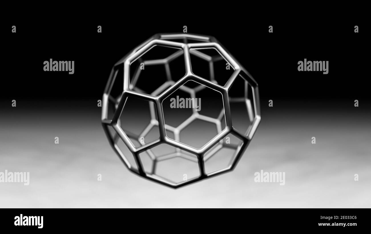 Modell von Buckminsterfullerene C60 Molekül, Alotrope von fullerenen Kohlenstoffatomen, runde Kugel mit sechseckigen Ringen oder Netz, molekulare 3D-Illustration Stockfoto