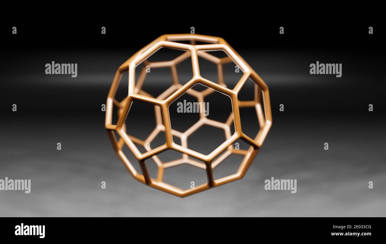 Modell von Buckminsterfullerene C60 Molekül, Alotrope von fullerenen Kohlenstoffatomen, runde Kugel mit sechseckigen Ringen oder Netz, molekulare 3D-Illustration Stockfoto