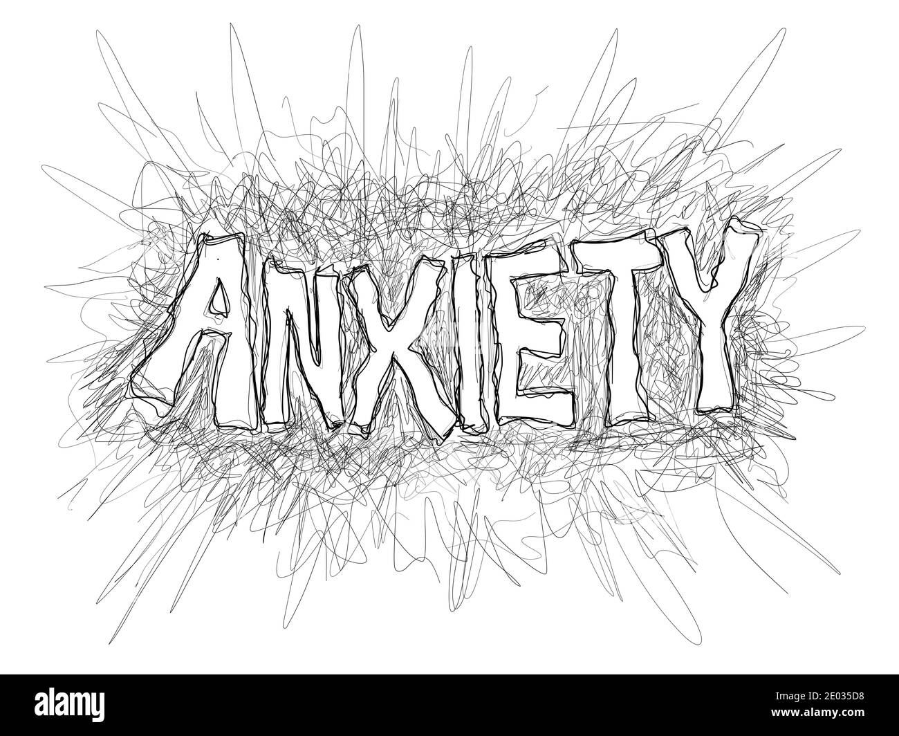 Angst - psychische Störung der Angst, Angst, Sorge und Unbehagen. Handgeschriebene Illustration - wackelig robuste hadwritting. Stockfoto