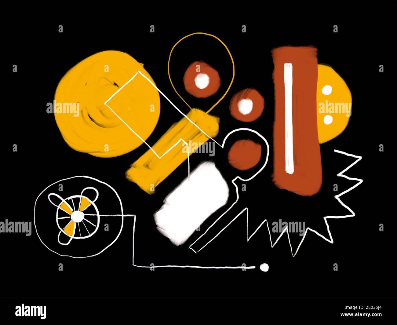 Abstrakte Illustration ist mit Pinsel auf schwarzem Hintergrund gemalt - gelb, orange, rot, ocker und weiß Formen, Linien und Kreise. Stockfoto