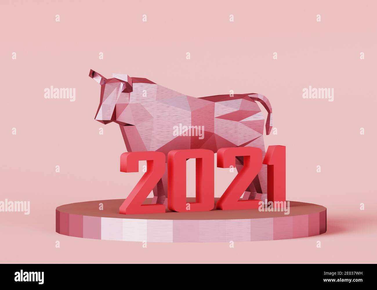 Figur eines Low Poly Pink Bull auf einem Ständer mit der roten Nummer 2021, ein Symbol des neuen Jahres, 3d Render Stockfoto