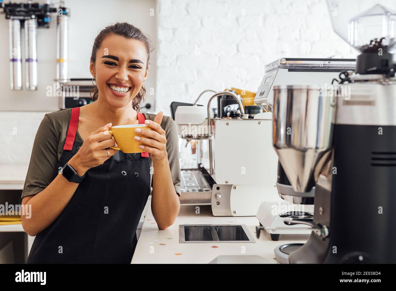 Lachender Kaffeehausbesitzer, der an der Theke steht und einen Becher hält. Glückliche Frau in Schürze Blick auf Kamera im Café. Stockfoto