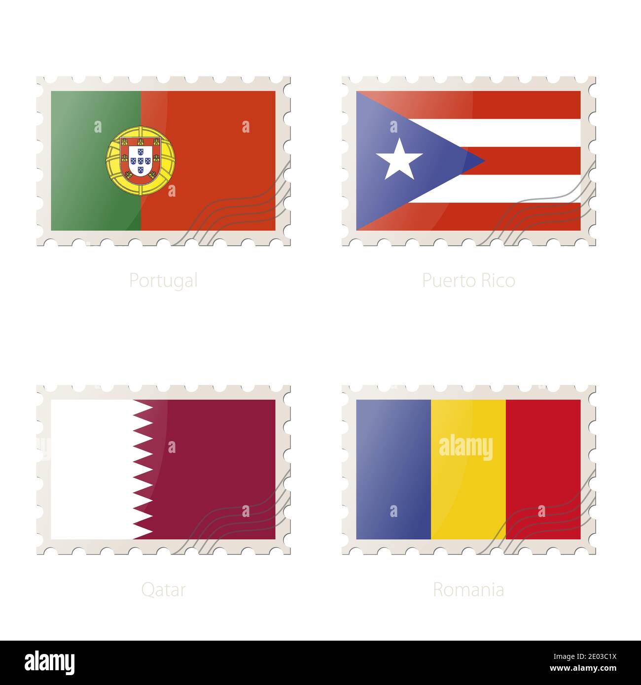 Briefmarke mit dem Bild von Portugal, Puerto Rico, Katar, Rumänien Flagge. Katar, Rumänien, Portugal, Puerto Rico Flagge Porto auf weißem Hintergrund mit Stock Vektor