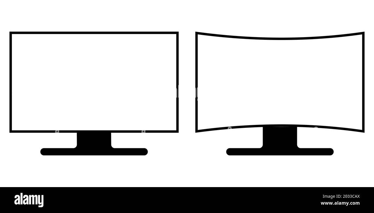 Symbol für einen flachen und gekrümmten Bildschirm, ein Vektorzeichen-Symbol für einen gekrümmten Bildschirm und einen Flachbildschirm mit unterschiedlicher Matrix Stock Vektor