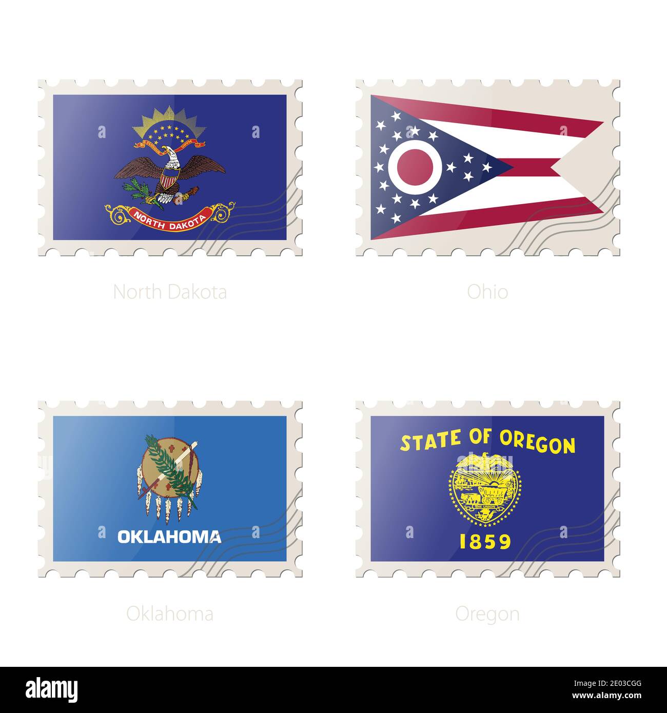 Briefmarke mit dem Bild von North Dakota, Ohio, Oklahoma, Oregon State Flag. Vektorgrafik. Stock Vektor