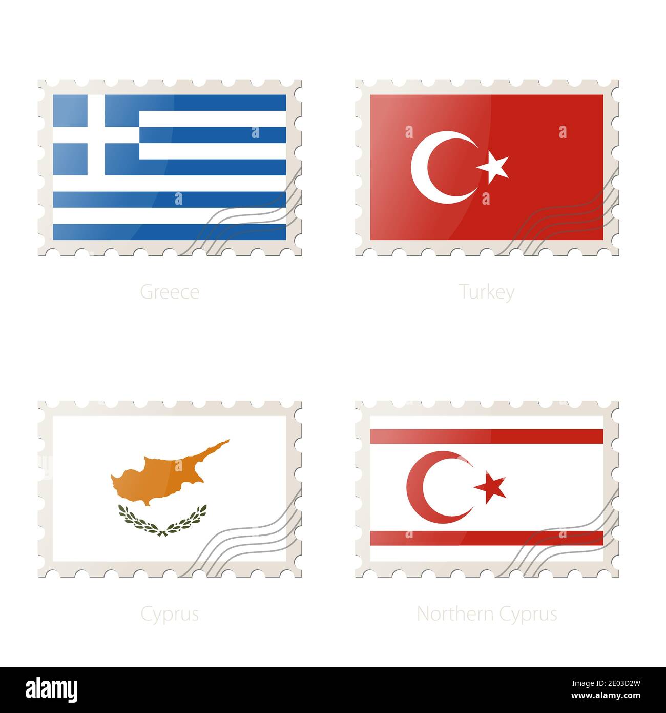 Briefmarke mit dem Bild von Griechenland, Türkei, Zypern, Nordzypern Flagge. Vektorgrafik. Stock Vektor