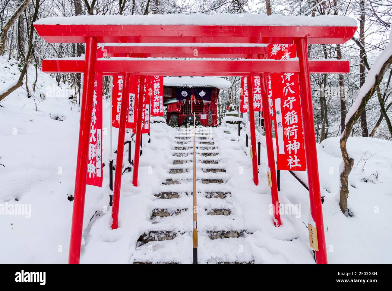 Dramatischer roter Torii-Tunnel Eingang zum Ana Mori Inari-Schrein im Sainokawara Park, Kusatsu Open Air Onsen, Japan. Stockfoto