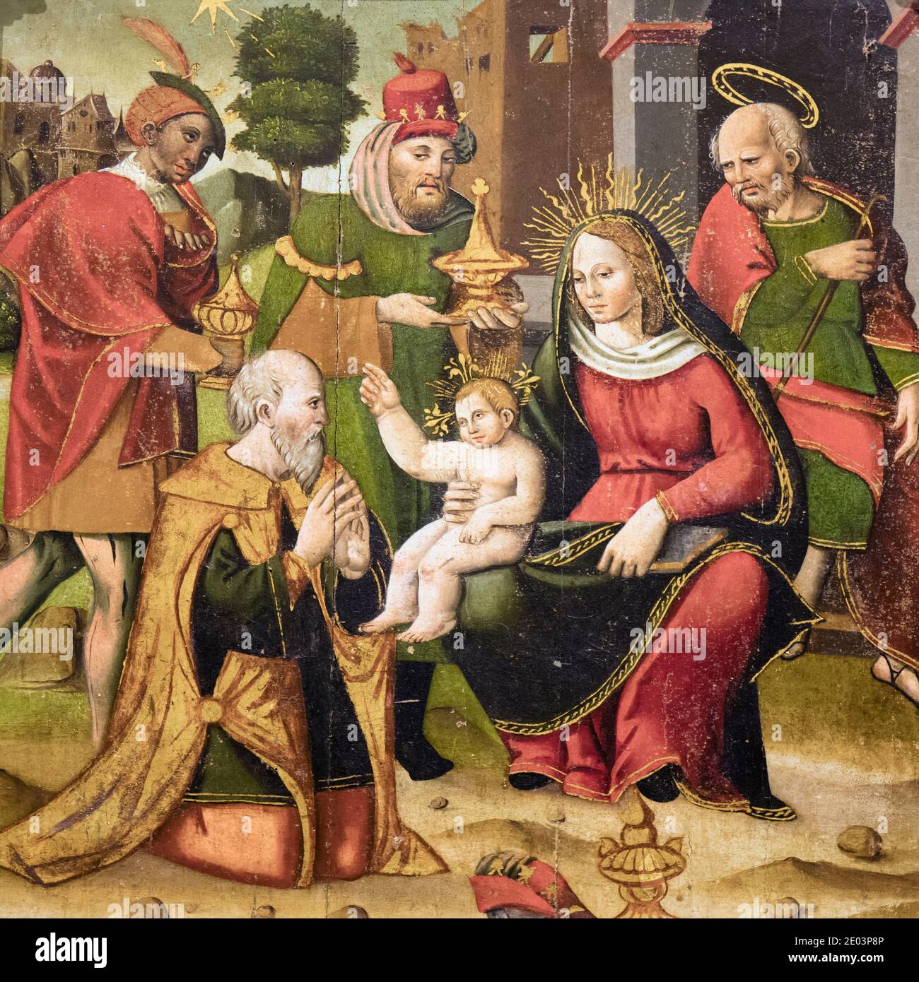 16. Jahrhundert Gemälde der heiligen Familie mit den drei Weisen von einem unbekannten flämischen Künstler, in der Iglesia de San Esteban, Loarre, Provinz Huesca, Stockfoto