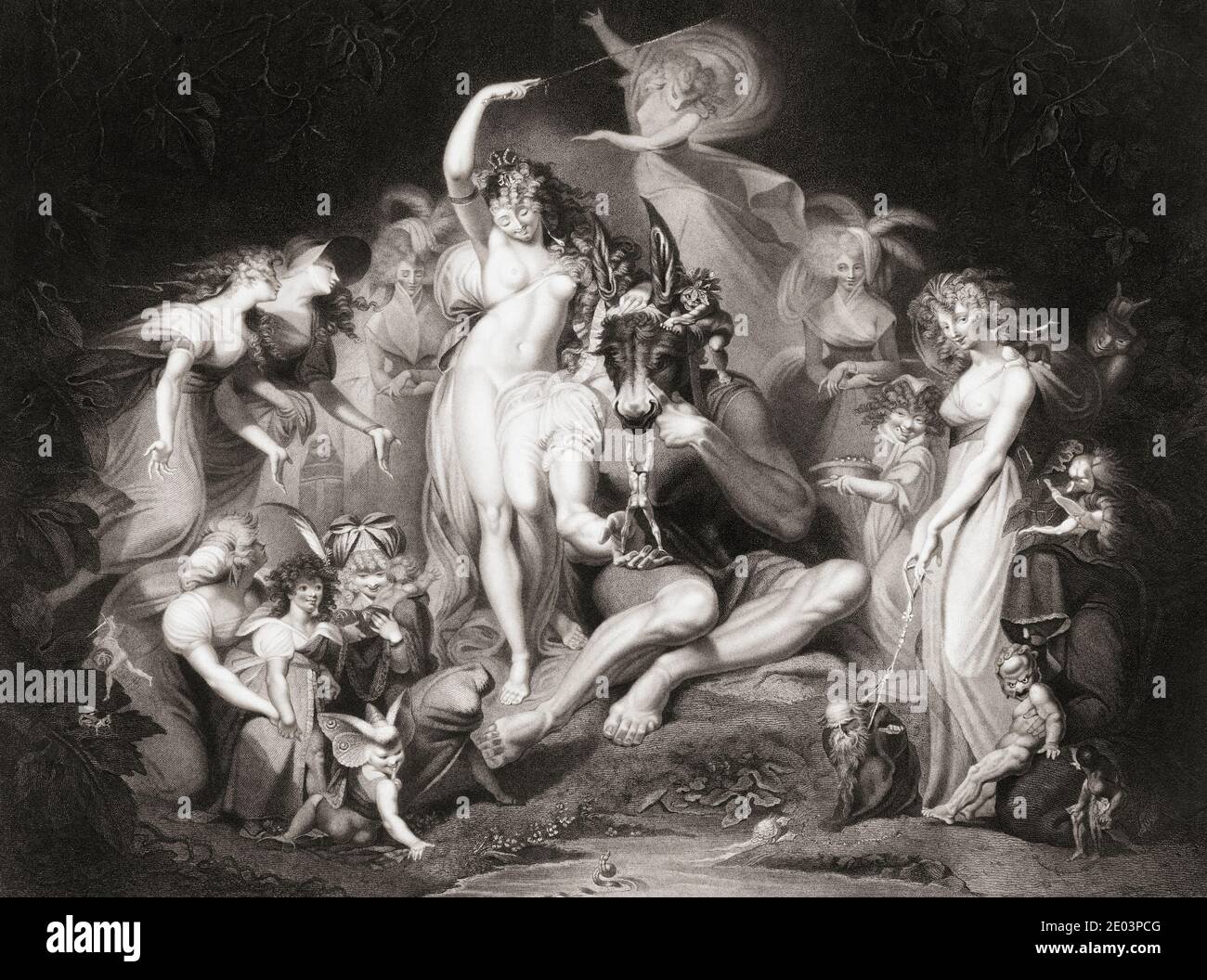 Illustration zu William Shakespeares Stück EIN Sommernachtstraum, IV. Akt, Szene I. aus einem Stich von John Simon aus dem 18. Jahrhundert nach einem Werk von Henry Fuseli. Stockfoto