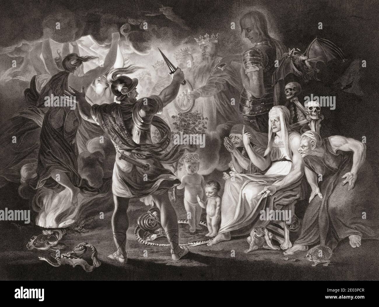 Illustration für William Shakespeares Stück Macbeth, IV. Akt, Szene I. aus einem Stich von Robert Thew aus dem 18. Jahrhundert nach einem Werk von Sir Joshua Reynolds. Stockfoto