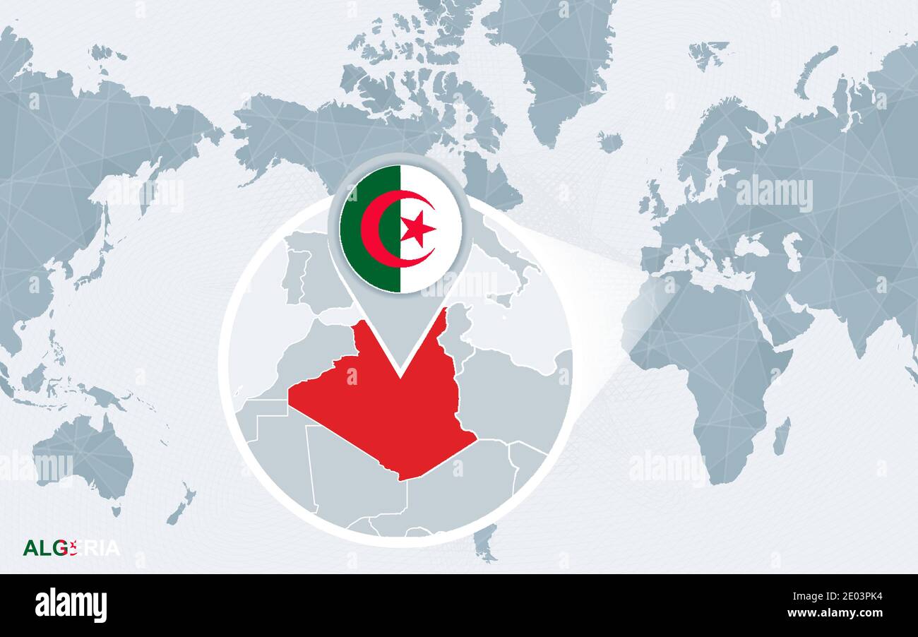 Weltkarte zentriert auf Amerika mit vergrößerten Algerien. Blaue Flagge und Karte von Algerien. Abstrakte Vektordarstellung. Stock Vektor