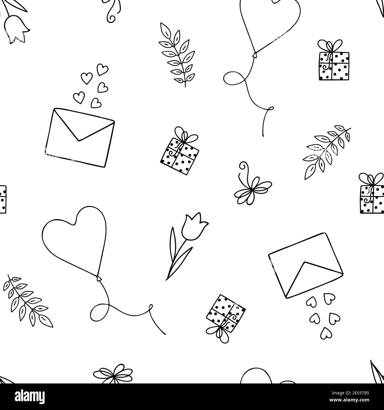 Liebe Umriss Elemente nahtlose Muster Hand in Doodle-Stil gezeichnet, einfache schwarz-weiße Bilder für St. Valentine Urlaub Dekor, Banner, Karten, Hochzeitseinladungen, Vektor-Illustration Stock Vektor