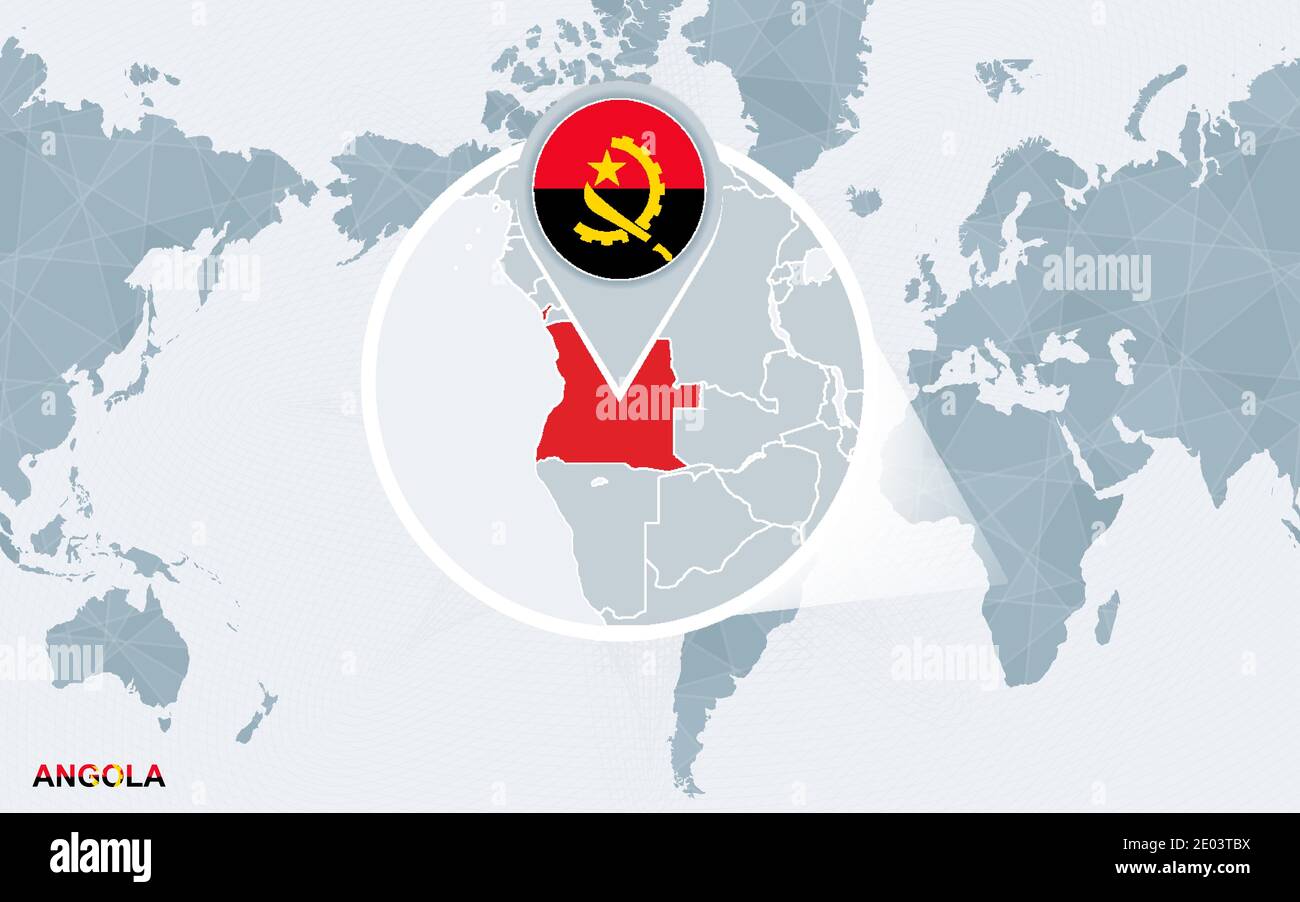 Weltkarte zentriert auf Amerika mit vergrößerten Angola. Blaue Flagge und Karte von Angola. Abstrakte Vektordarstellung. Stock Vektor