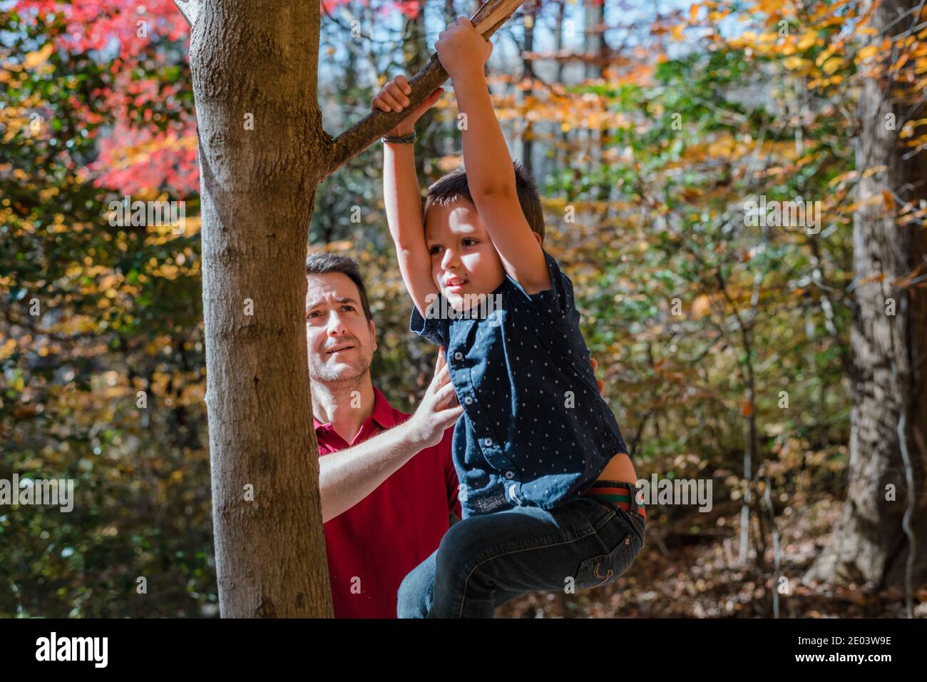 Vater unterstützt Sohn, wie er klettert einen Baum draußen auf Ein Herbsttag Stockfoto