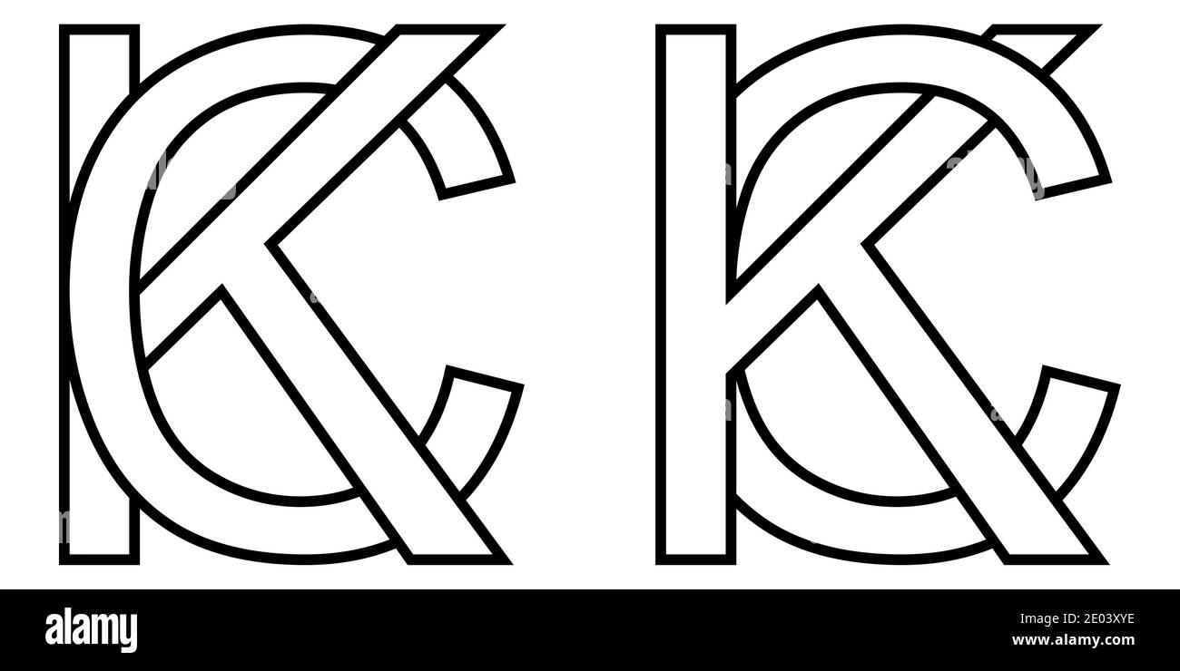 Logo Zeichen kc und ck Symbol Zeichen zwei Zeilensprungbuchstaben K, C Vektor Logo kc, ck erste Großbuchstaben Muster Alphabet k, c Stock Vektor