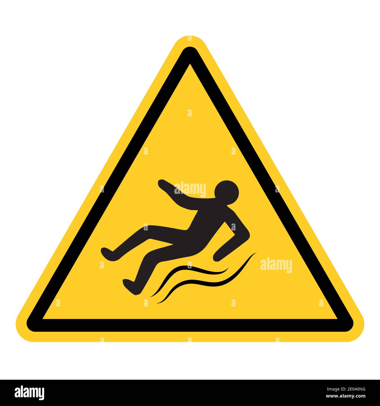 Gelbes Warnschild mit fallender rutschender Person, Vektorzeichen von Eis, rutschige Straße, Gefahrenhinweise, die auf rutschigem Bürgersteig verletzt werden Stock Vektor