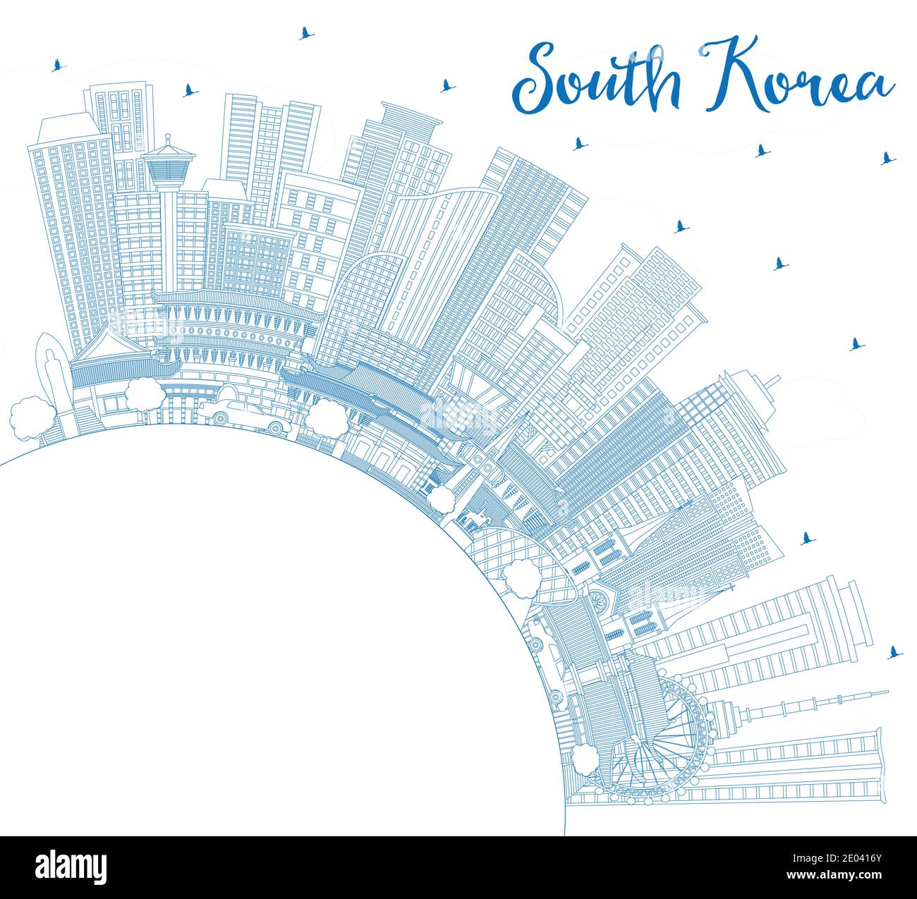 Skizzieren Sie die Skyline von Südkorea mit blauen Gebäuden und Kopierfläche. Vektorgrafik. Business Travel und Tourismus Konzept Stock Vektor