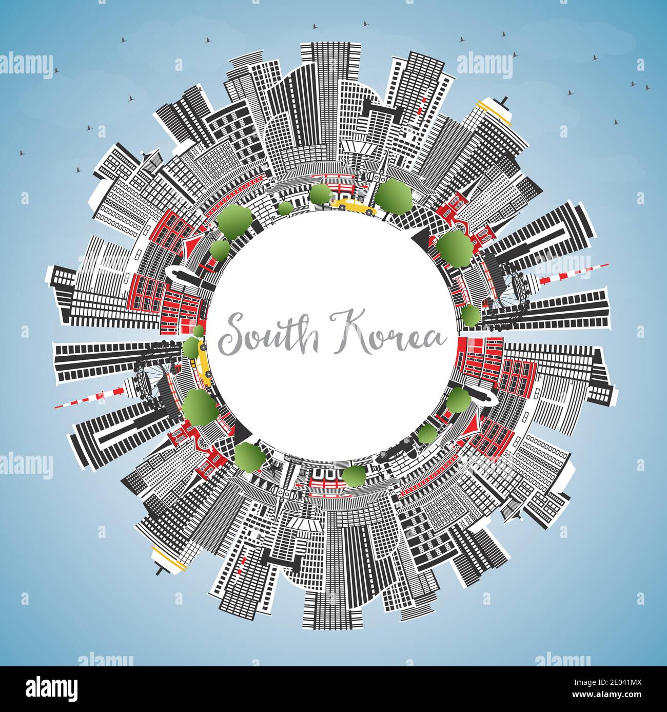 Südkorea City Skyline mit grauen Gebäuden, Blue Sky und Copy Space. Vektorgrafik. Tourismuskonzept mit historischer Architektur. Stock Vektor