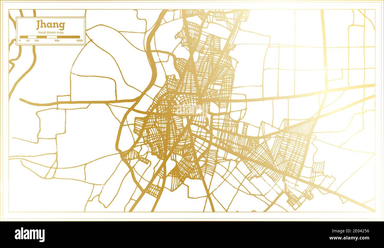 Jhang Pakistan Stadtplan im Retro-Stil in Golden Color. Übersichtskarte. Vektorgrafik. Stock Vektor