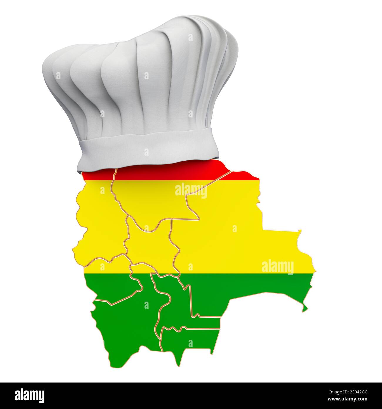 Bolivianische nationale Küche Konzept. Kochmütze mit Landkarte von Bolivien. 3D-Rendering auf weißem Hintergrund isoliert Stockfoto