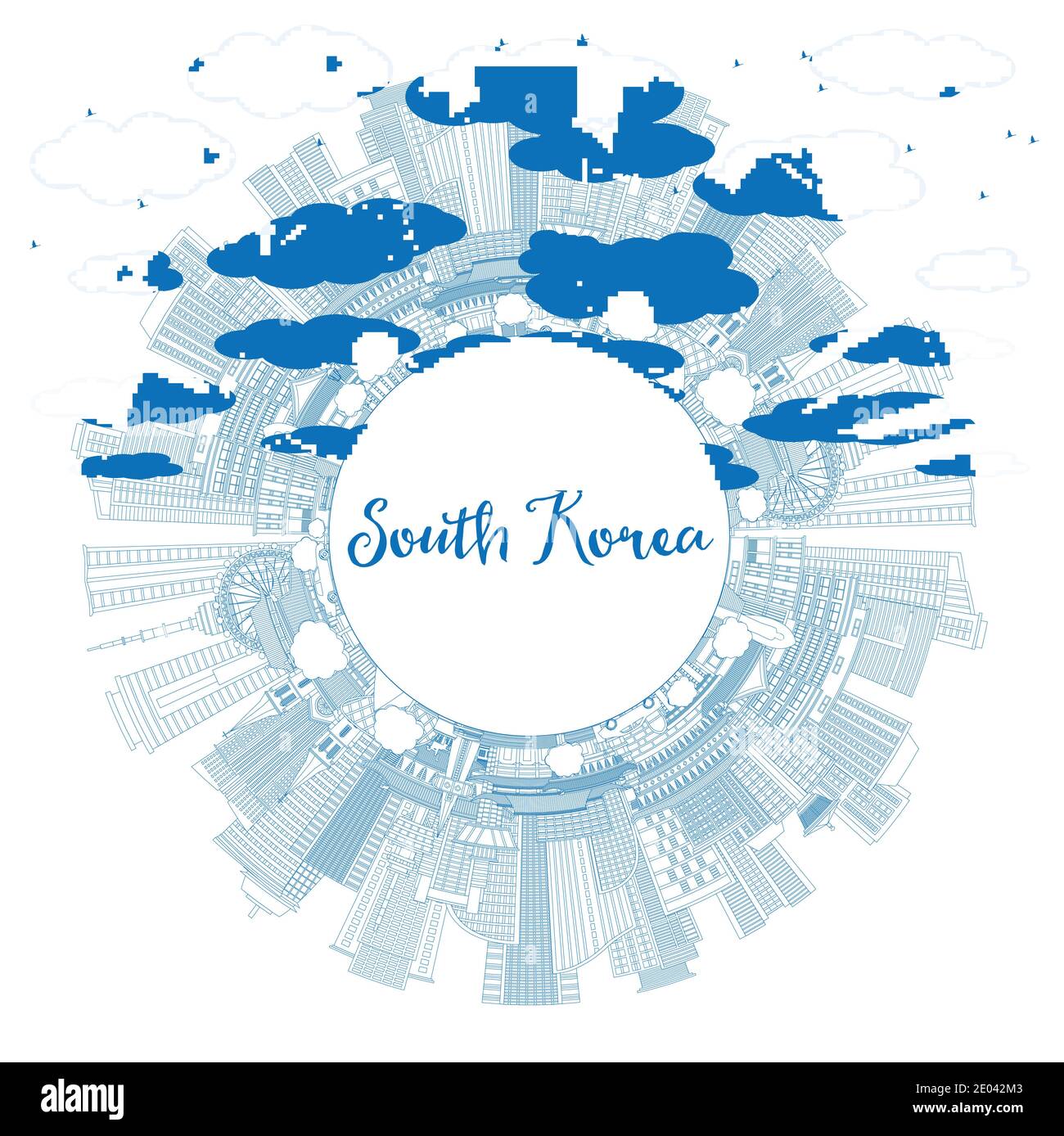 Skizzieren Sie die Skyline von Südkorea mit blauen Gebäuden und Kopierfläche. Vektorgrafik. Business Travel und Tourismus Konzept Stock Vektor