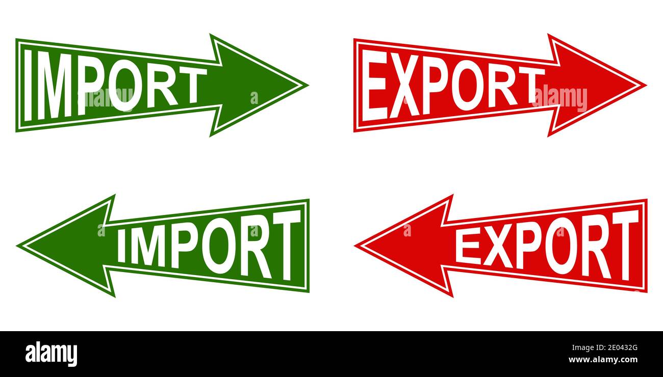 Pfeilzeiger Import Export, Vektor-Zeiger für den Import und Export von Waren, Symbol internationales Geschäft und Umsatz Stock Vektor