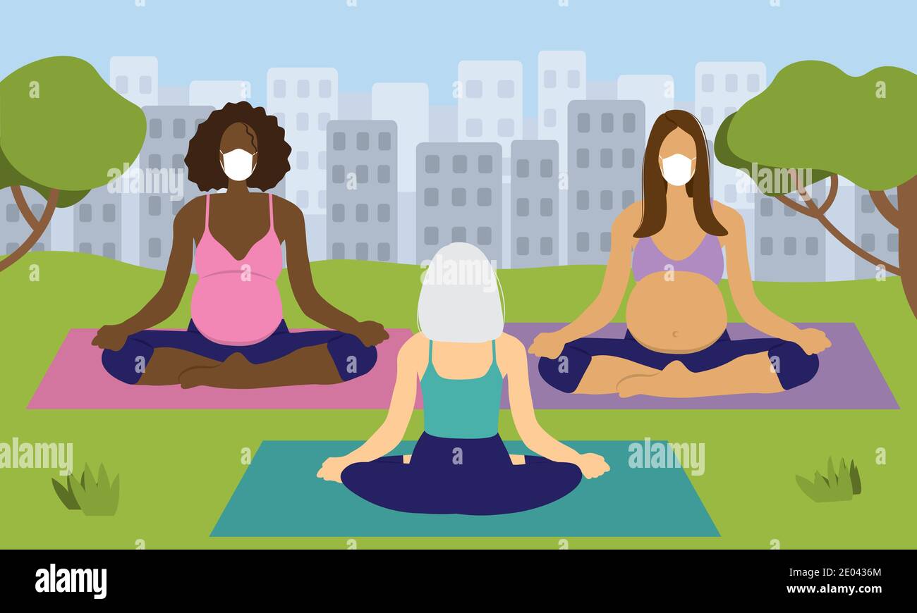 Schwangere Frauen tragen Schutzmasken tun Yoga-Kurs im Freien in parken Stock Vektor