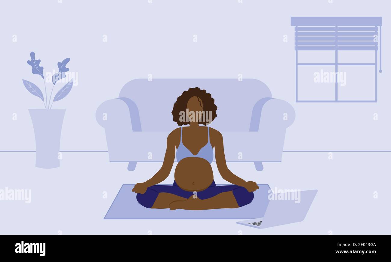 Schwangere Frau macht online Yoga-Klasse zu Hause Stock Vektor