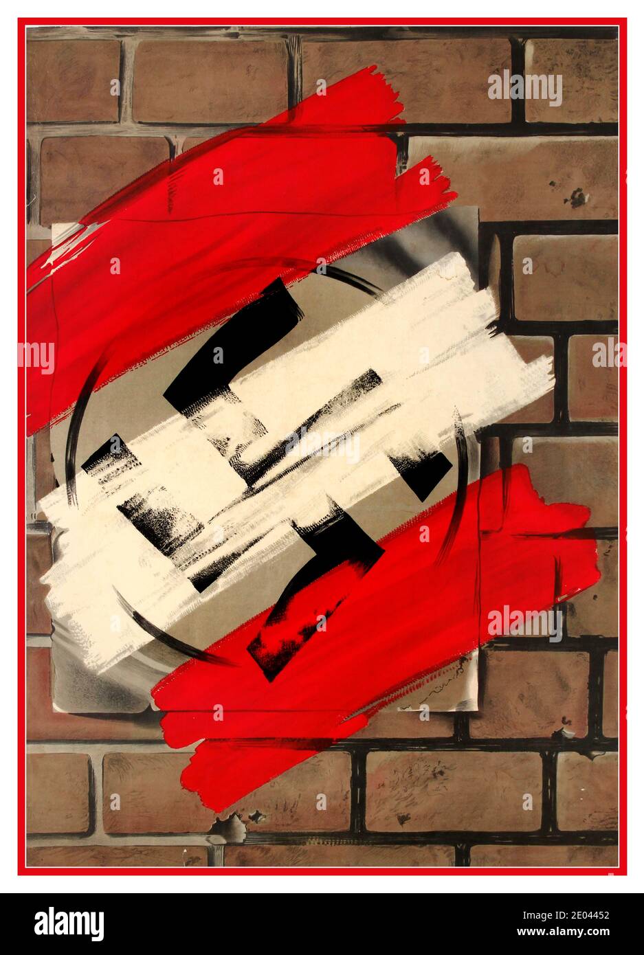 DÄNEMARK WW2 Vintage Weltkrieg zwei Anti-Nazi-Propaganda-Plakat zeigt ein Nazi-Hakenkreuz-Plakat auf einer Backsteinwand mit Streifen von rot und weiß Farbe bedeckt, um die dänische Flagge und den totalen Sieg über Deutschland Nazi und Nazismus zu symbolisieren. Dänemark 1945 Stockfoto