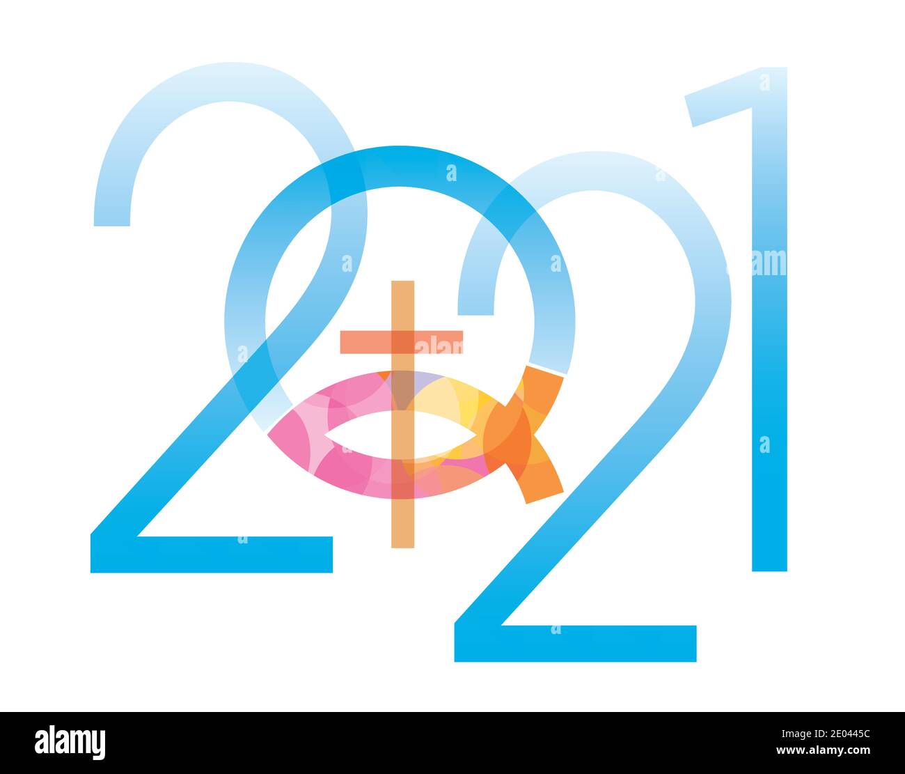 Jesus Fisch Symbol neues Jahr. 2021 Neujahr mit Jesus Fisch Symbol mit Kreuz. Isoliert auf weißem Hintergrund. Vektor verfügbar. Stock Vektor