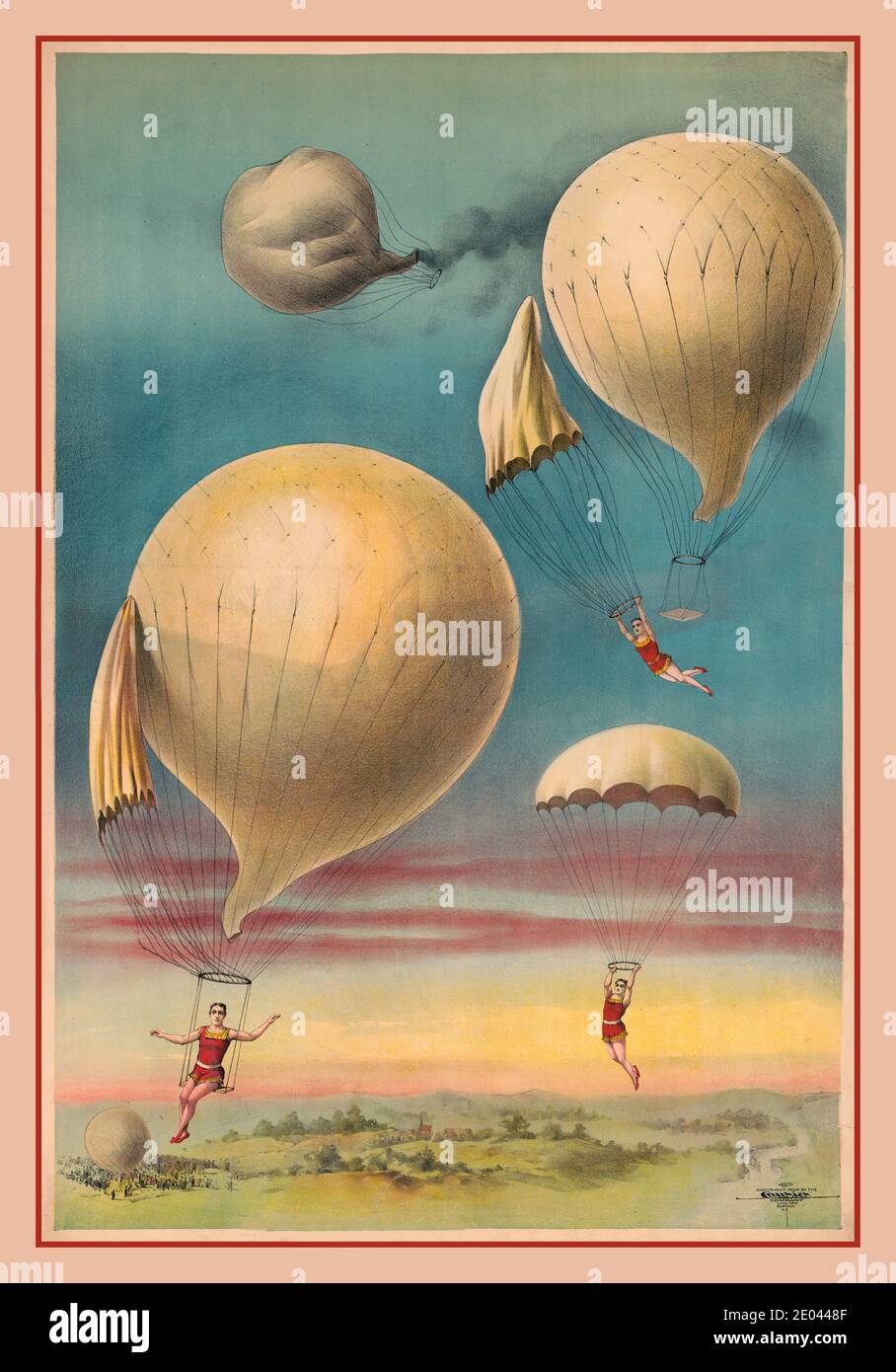 Vintage Illustration [Fallschirmspringen aus Luftballons] Lithograph Circus Unterhaltung Balloon Fantasy Balloon Datum: Buffalo, NY., Courier Lith. Co., c1900. Chromolithograph ; Circus - Co. 1900, Stockfoto