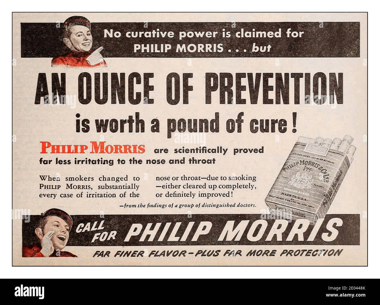 VINTAGE ZIGARETTENWERBUNG BEHAUPTET 1945 Philip Morris „ eine Unze Prävention ist ein Pfund Heilung wert“ Zigarettenwerbung in den 1940er Jahren von einer angesehenen Gruppe von Ärzten…. Stockfoto