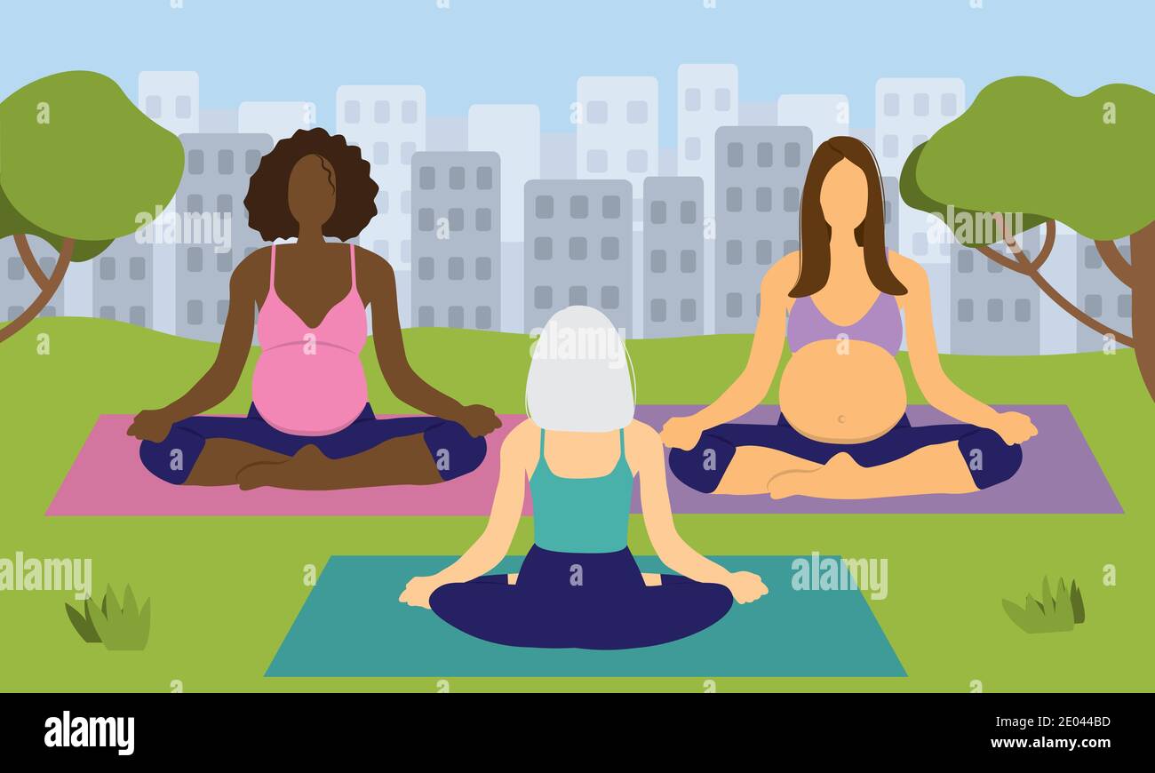 Schwangere Frauen tun Yoga-Klasse im Park Stock Vektor