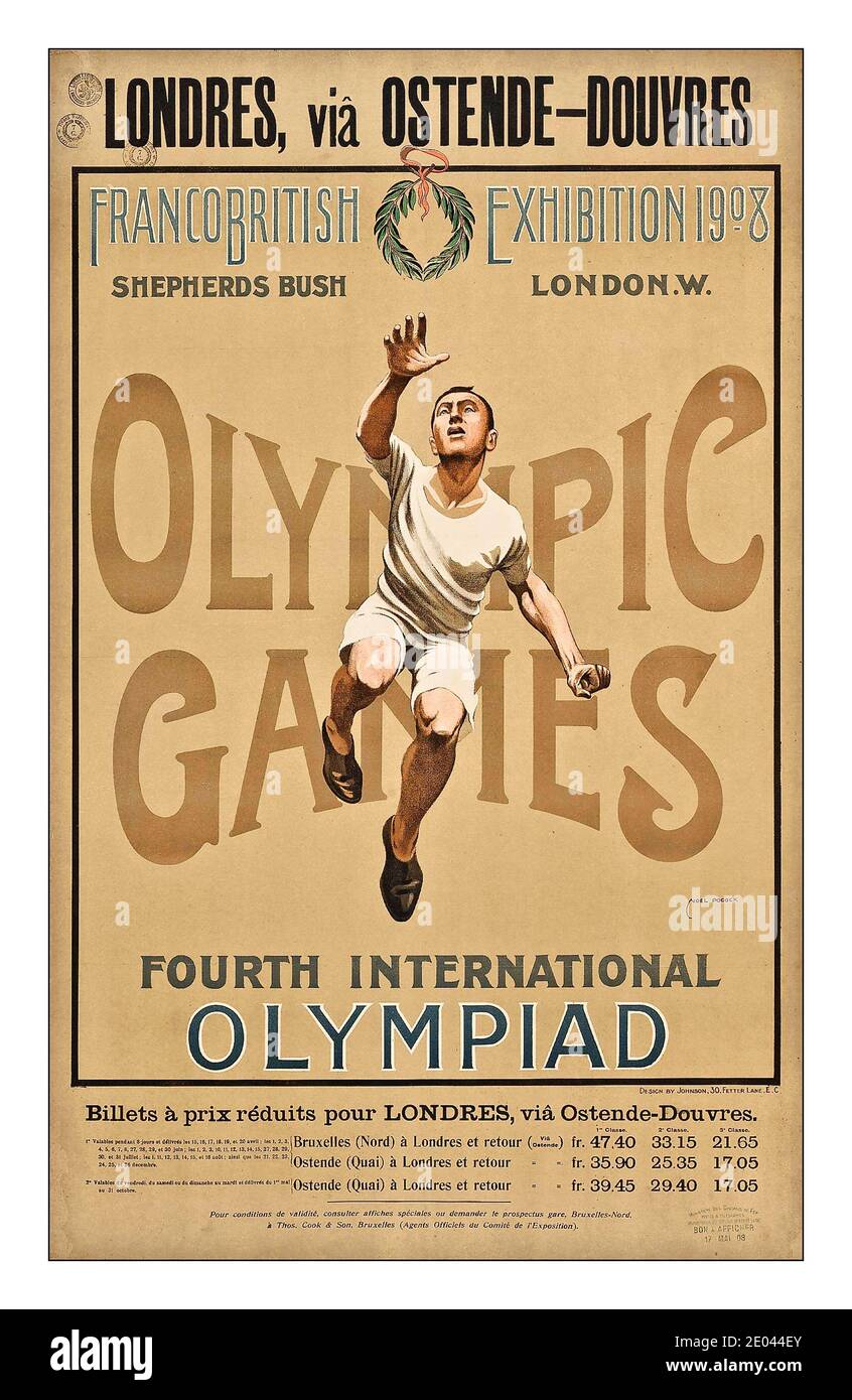 Plakat zu den Olympischen Spielen 1908 die Olympischen Sommerspiele 1908, offiziell die Spiele der IV. Olympiade, und allgemein bekannt als London 1900, waren ein internationales Multisport-Event, das vom 27. April bis zum 31. Oktober 1908 in London, Großbritannien, stattfand. VIERTE INTERNATIONALE OLYMPIADE Alfred Edwin Johnson, Illustration von Noel Pocock Lithographie in Farben mit Buchdruck, 1908 Stockfoto