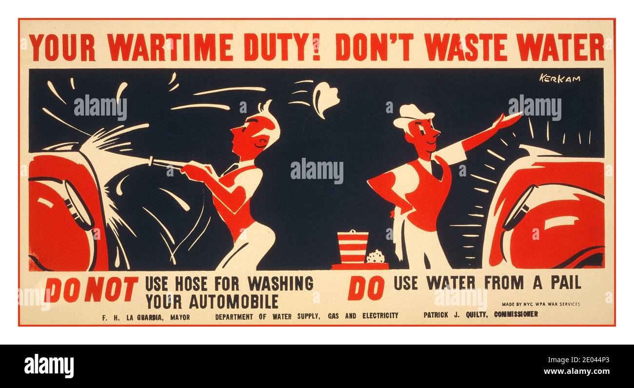 WASSERSCHUTZ 1940er Jahre WW2 Informationsplakat, um Wasser zu sparen “Ihre Kriegszeit Pflicht! Kein Abwasser Verwenden Sie keinen Schlauch zum Waschen Ihres Autos. Verwenden Sie Wasser aus einem Eimer “ / / Kerkam. Urheber(en): Kerkam, Earl, artist Erstellungsdatum: [New York] : NYC WPA war Services, [Zwischen 1941 und 1943] (Poster) : Siebdruck, Farbe. Plakat für das New York City Department of Water Supply, Gas & Electricity für eine Kampagne zur Wassereinsparung, zeigt einen Mann, der sein Auto wascht. Stockfoto